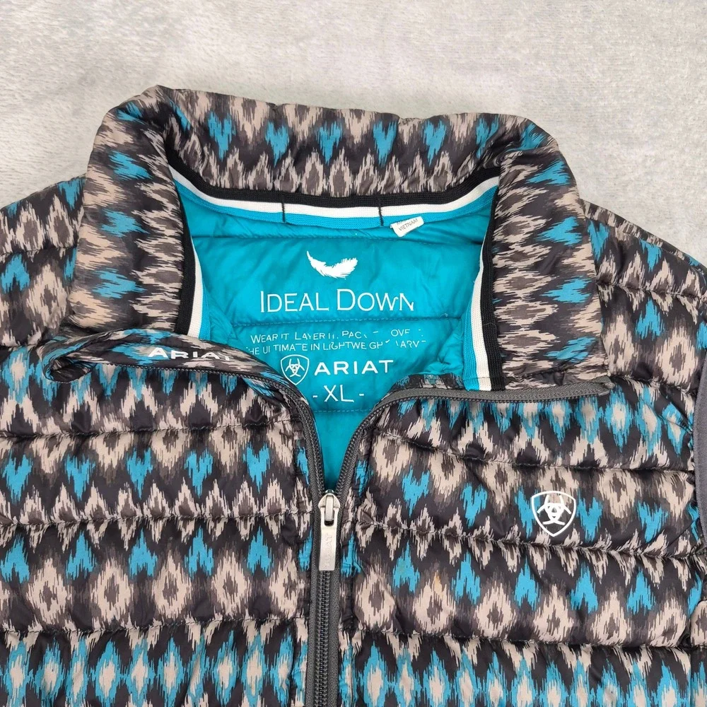 Ariat Ideal Down Puffer Vest Womens XL Blue Grey Ikat Geometric Packable Pockets